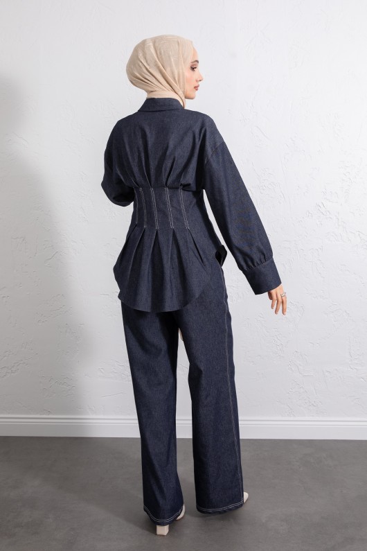 Belden Pileli Denim Takım Y0097 - LACİVERT Belden Pileli Denim Takım Y0097 - LACİVERT