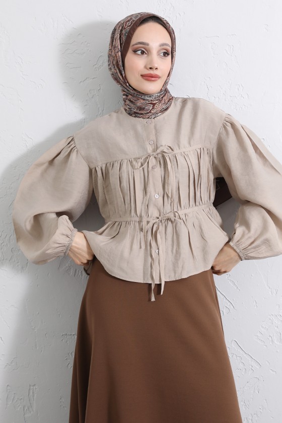 Çift Bağcıklı Büzgülü Gömlek Y0099 - BEJ