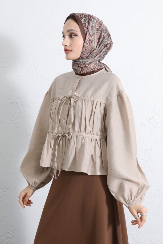 Çift Bağcıklı Büzgülü Gömlek Y0099 - BEJ Çift Bağcıklı Büzgülü Gömlek Y0099 - BEJ