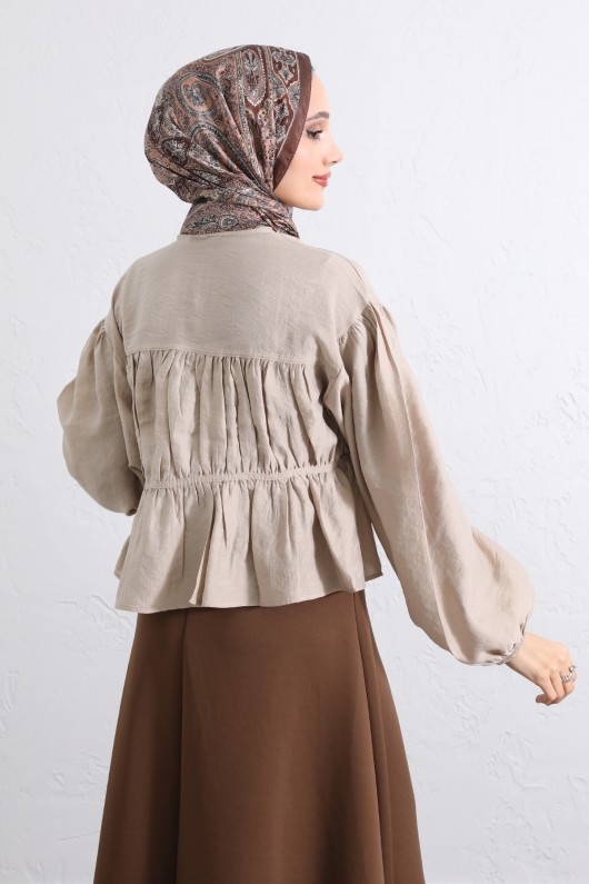 Çift Bağcıklı Büzgülü Gömlek Y0099 - BEJ Çift Bağcıklı Büzgülü Gömlek Y0099 - BEJ