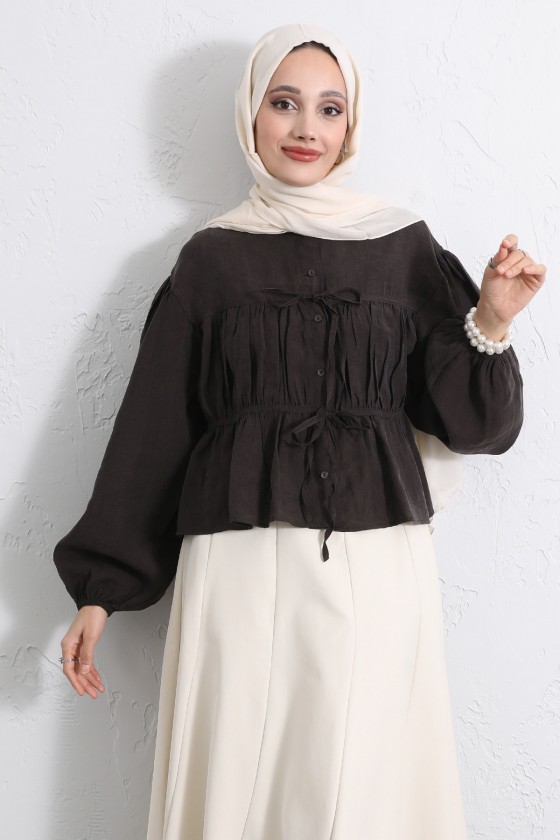 Çift Bağcıklı Büzgülü Gömlek Y0099 - KOYU KAHVERENGİ