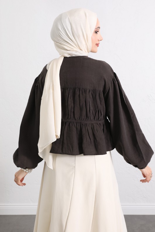 Çift Bağcıklı Büzgülü Gömlek Y0099 - KOYU KAHVERENGİ