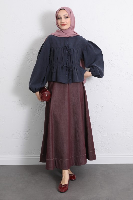 Çift Bağcıklı Büzgülü Gömlek Y0099 - LACİVERT Çift Bağcıklı Büzgülü Gömlek Y0099 - LACİVERT