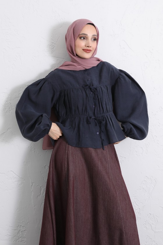 Çift Bağcıklı Büzgülü Gömlek Y0099 - LACİVERT