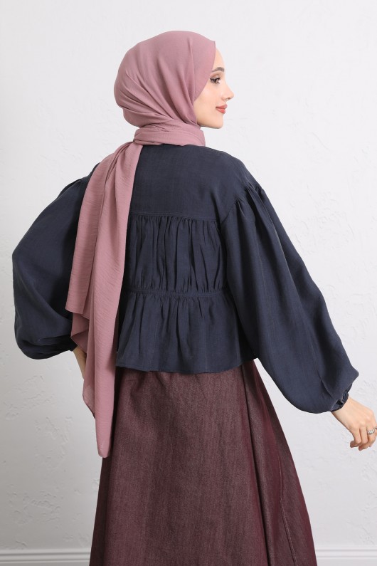 Çift Bağcıklı Büzgülü Gömlek Y0099 - LACİVERT Çift Bağcıklı Büzgülü Gömlek Y0099 - LACİVERT