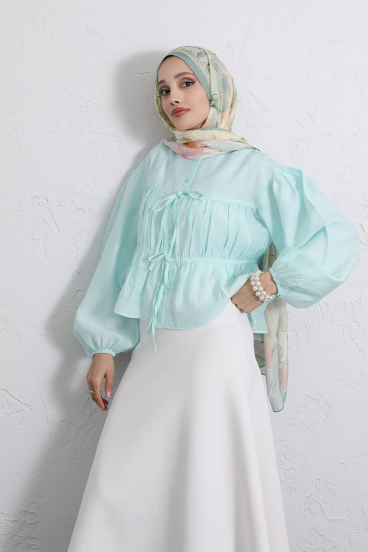 Çift Bağcıklı Büzgülü Gömlek Y0099 - MİNT YEŞİLİ Çift Bağcıklı Büzgülü Gömlek Y0099 - MİNT YEŞİLİ