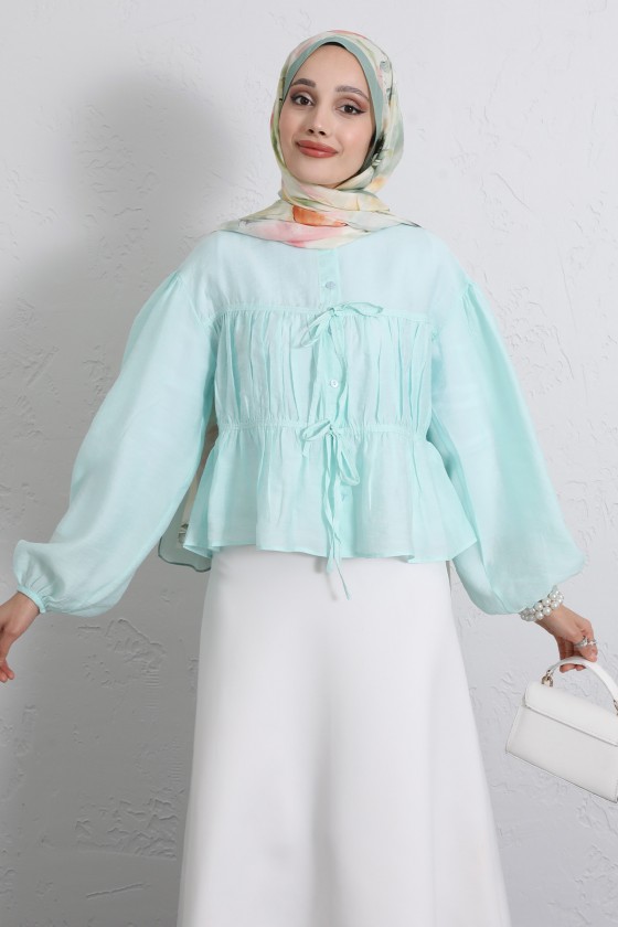 Çift Bağcıklı Büzgülü Gömlek Y0099 - MİNT YEŞİLİ Çift Bağcıklı Büzgülü Gömlek Y0099 - MİNT YEŞİLİ