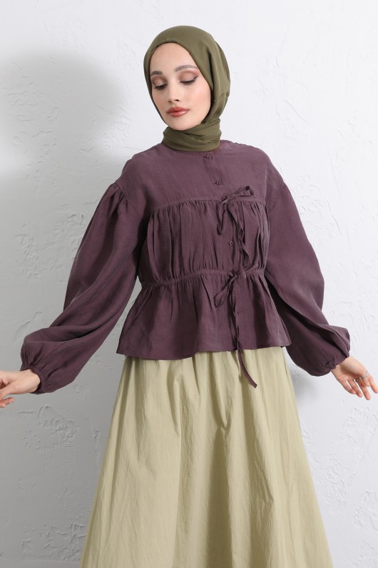 Çift Bağcıklı Büzgülü Gömlek Y0099 - MÜRDÜM Çift Bağcıklı Büzgülü Gömlek Y0099 - MÜRDÜM