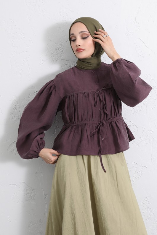 Çift Bağcıklı Büzgülü Gömlek Y0099 - MÜRDÜM Çift Bağcıklı Büzgülü Gömlek Y0099 - MÜRDÜM