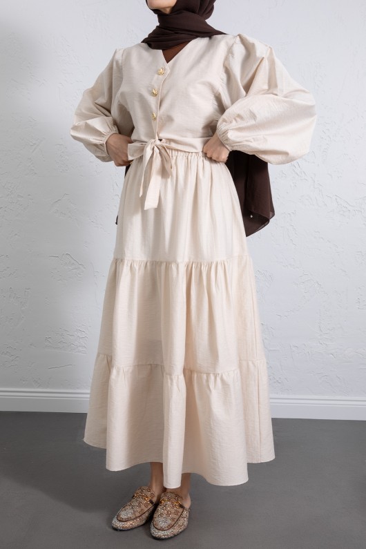 Bağlamalı Bluz Etek Takım Y0100 - BEJ