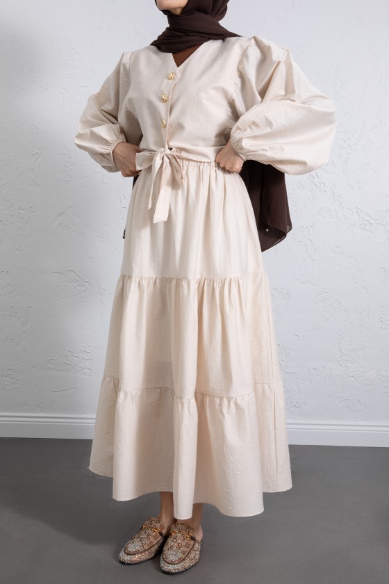 Bağlamalı Bluz Etek Takım Y0100 - BEJ