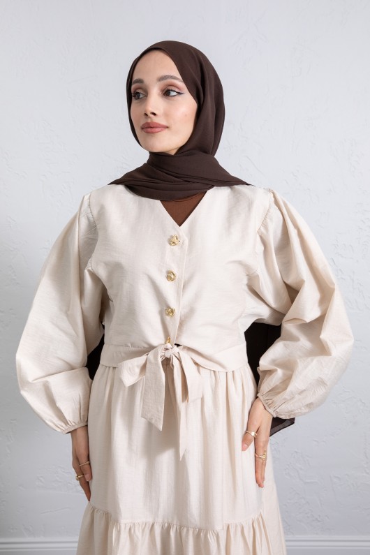 Bağlamalı Bluz Etek Takım Y0100 - BEJ