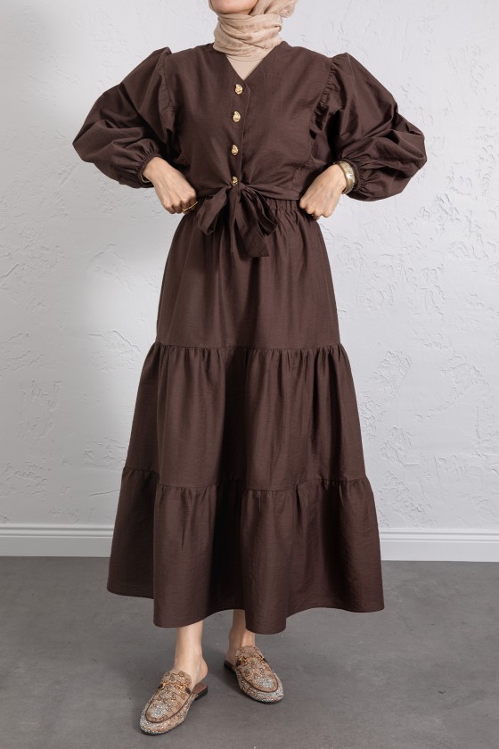 Bağlamalı Bluz Etek Takım Y0100 - KAHVERENGİ