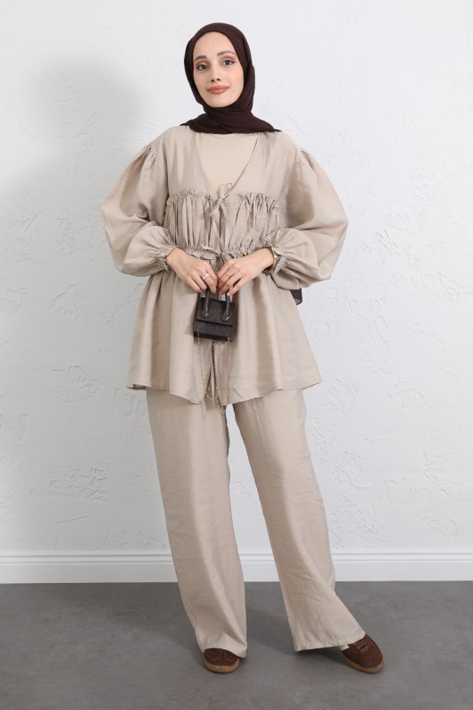 Önü Büzgülü Kimono Takım Y0102 - BEJ Önü Büzgülü Kimono Takım Y0102 - BEJ