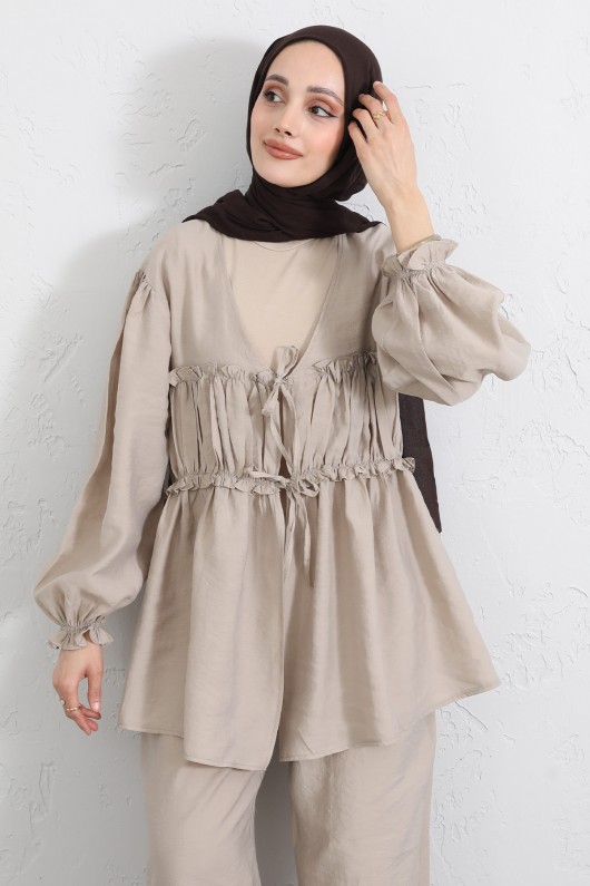 Önü Büzgülü Kimono Takım Y0102 - BEJ Önü Büzgülü Kimono Takım Y0102 - BEJ