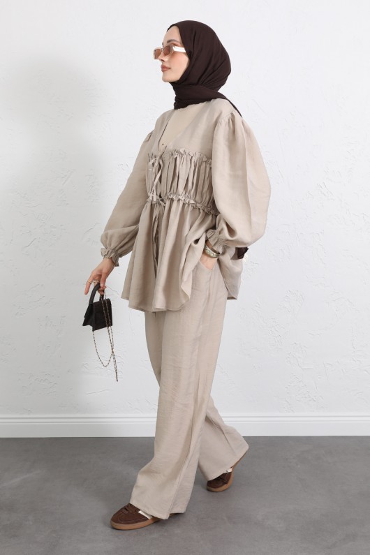 Önü Büzgülü Kimono Takım Y0102 - BEJ Önü Büzgülü Kimono Takım Y0102 - BEJ