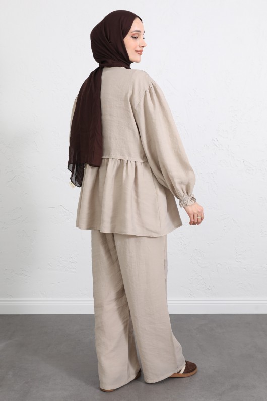 Önü Büzgülü Kimono Takım Y0102 - BEJ Önü Büzgülü Kimono Takım Y0102 - BEJ