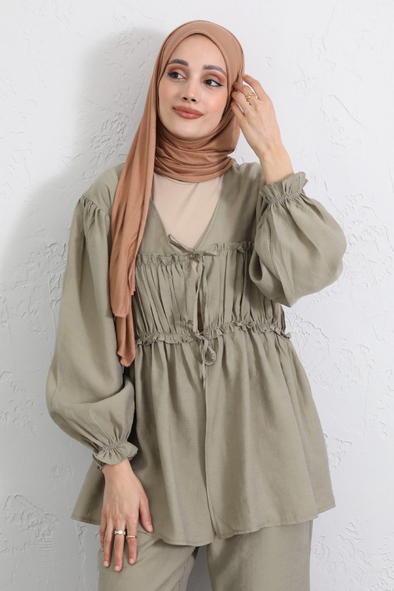 Önü Büzgülü Kimono Takım Y0102 - HAKİ