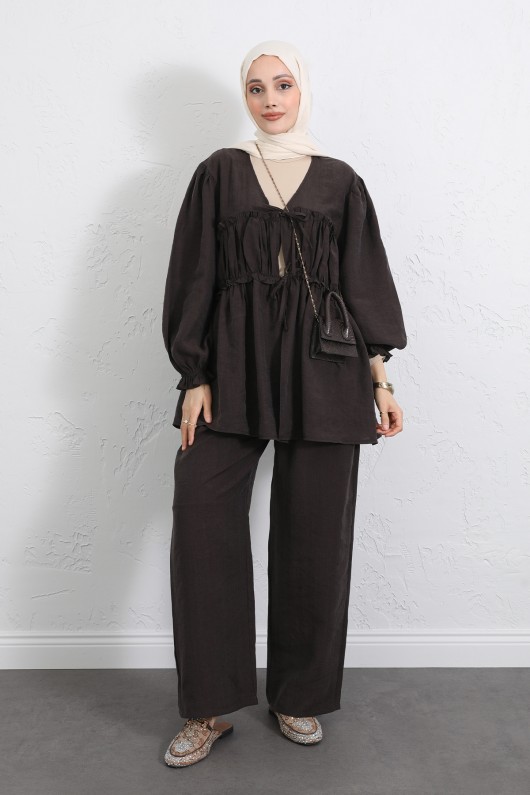 Önü Büzgülü Kimono Takım Y0102 - KAHVERENGİ Önü Büzgülü Kimono Takım Y0102 - KAHVERENGİ