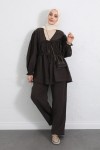 Önü Büzgülü Kimono Takım Y0102 - KAHVERENGİ Önü Büzgülü Kimono Takım Y0102 - KAHVERENGİ