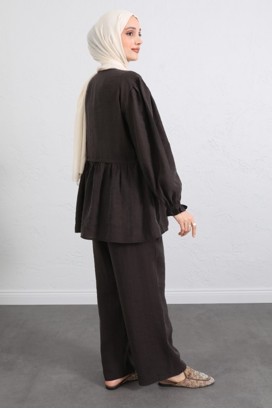 Önü Büzgülü Kimono Takım Y0102 - KAHVERENGİ Önü Büzgülü Kimono Takım Y0102 - KAHVERENGİ