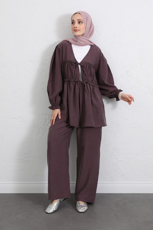 Önü Büzgülü Kimono Takım Y0102 - MÜRDÜM Önü Büzgülü Kimono Takım Y0102 - MÜRDÜM