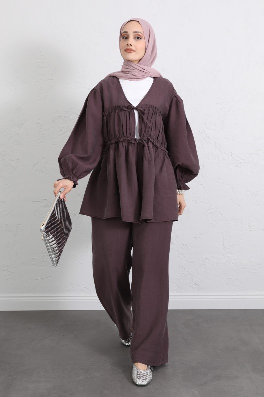 Önü Büzgülü Kimono Takım Y0102 - MÜRDÜM Önü Büzgülü Kimono Takım Y0102 - MÜRDÜM