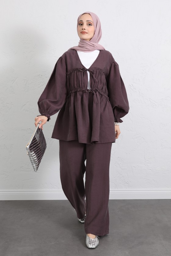 Önü Büzgülü Kimono Takım Y0102 - MÜRDÜM Önü Büzgülü Kimono Takım Y0102 - MÜRDÜM