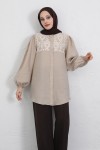 Nakış Detaylı Balon Kol Gömlek Y0103 - BEJ