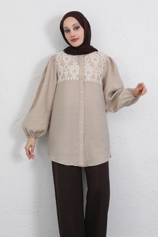 Nakış Detaylı Balon Kol Gömlek Y0103 - BEJ