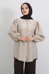 Nakış Detaylı Balon Kol Gömlek Y0103 - BEJ