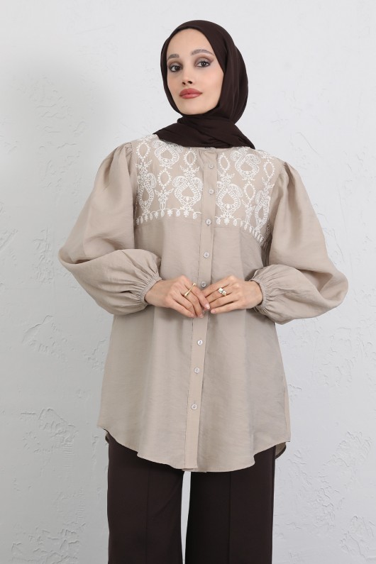 Nakış Detaylı Balon Kol Gömlek Y0103 - BEJ