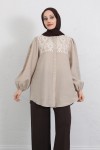 Nakış Detaylı Balon Kol Gömlek Y0103 - BEJ