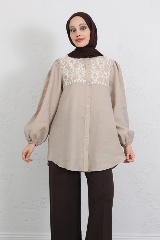 Nakış Detaylı Balon Kol Gömlek Y0103 - BEJ
