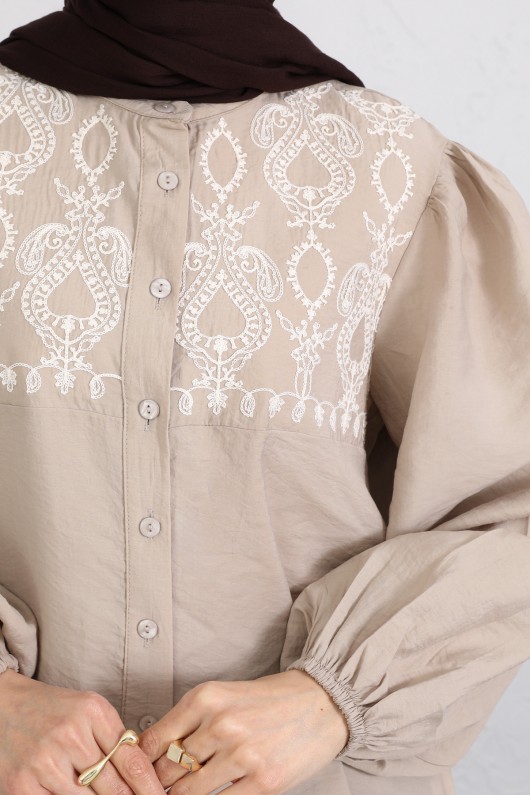 Nakış Detaylı Balon Kol Gömlek Y0103 - BEJ