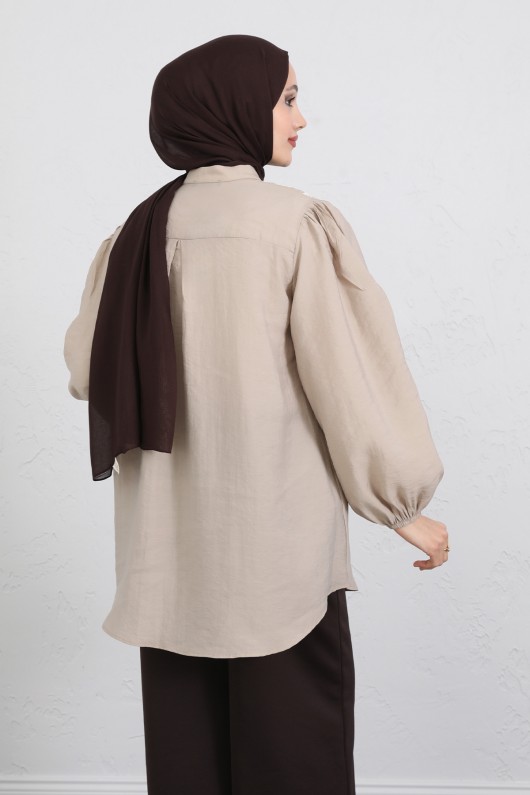 Nakış Detaylı Balon Kol Gömlek Y0103 - BEJ