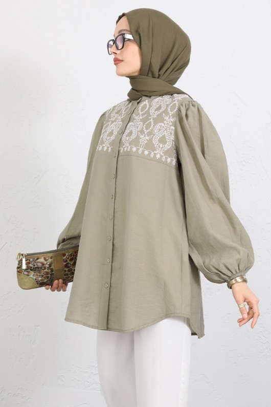 Nakış Detaylı Balon Kol Gömlek Y0103 - AÇIK HAKİ