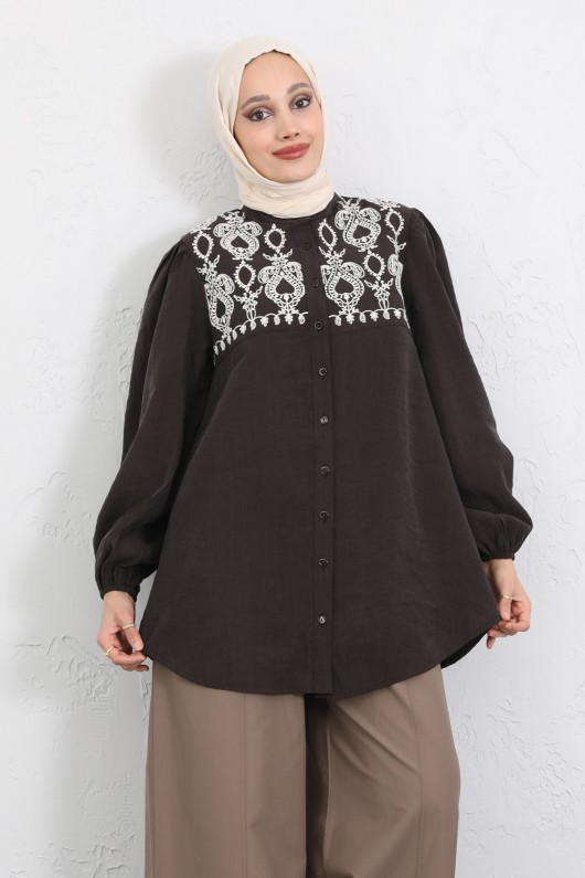 Nakış Detaylı Balon Kol Gömlek Y0103 - KAHVERENGİ Nakış Detaylı Balon Kol Gömlek Y0103 - KAHVERENGİ