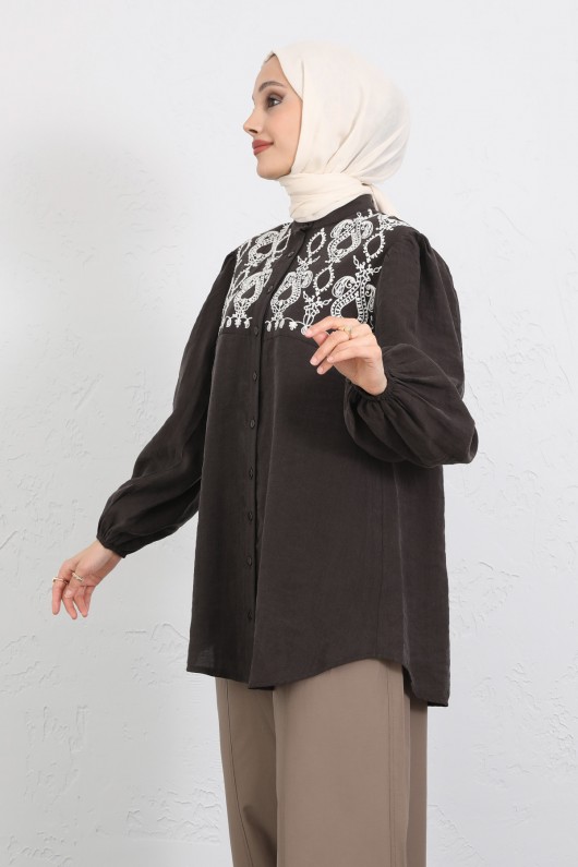 Nakış Detaylı Balon Kol Gömlek Y0103 - KAHVERENGİ Nakış Detaylı Balon Kol Gömlek Y0103 - KAHVERENGİ