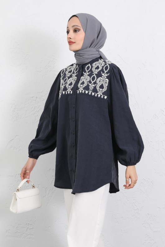 Nakış Detaylı Balon Kol Gömlek Y0103 - LACİVERT