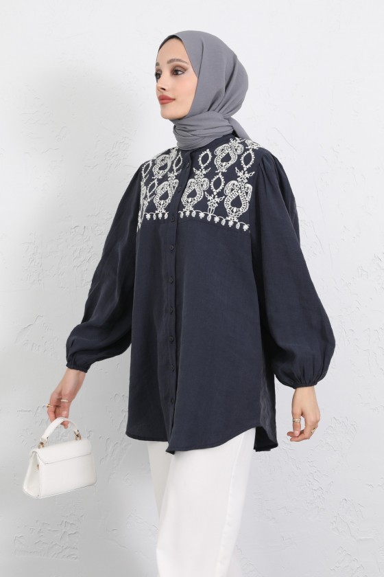 Nakış Detaylı Balon Kol Gömlek Y0103 - LACİVERT