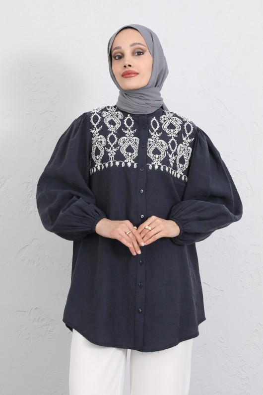 Nakış Detaylı Balon Kol Gömlek Y0103 - LACİVERT