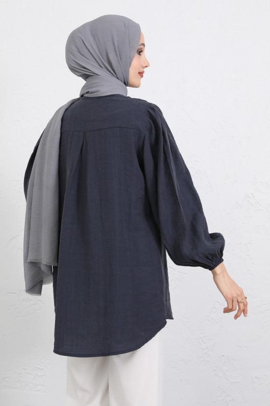 Nakış Detaylı Balon Kol Gömlek Y0103 - LACİVERT