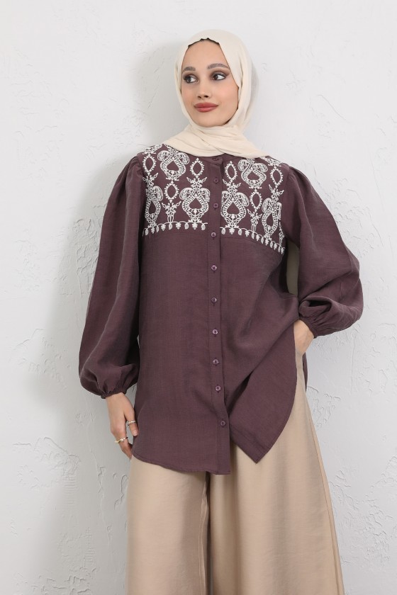 Nakış Detaylı Balon Kol Gömlek Y0103 - MÜRDÜM
