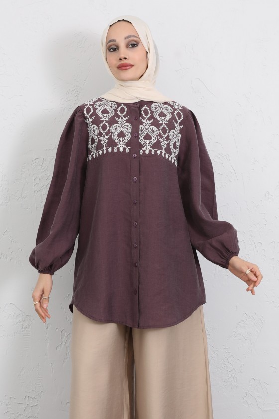 Nakış Detaylı Balon Kol Gömlek Y0103 - MÜRDÜM