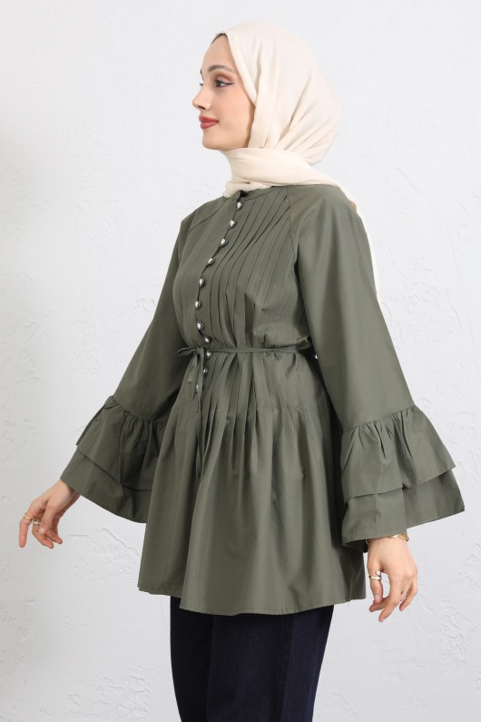 Volan Kollu Nervürlü Tunik Y0104 - HAKİ Volan Kollu Nervürlü Tunik Y0104 - HAKİ