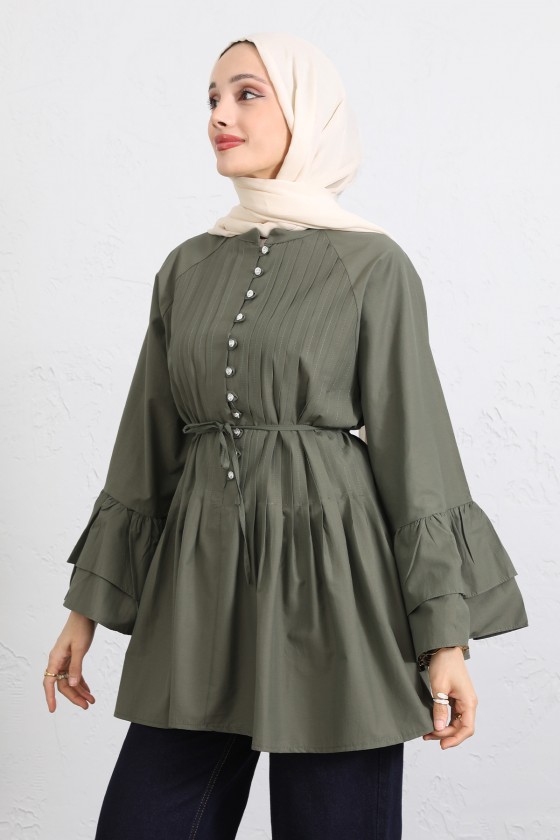 Volan Kollu Nervürlü Tunik Y0104 - HAKİ