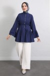 Volan Kollu Nervürlü Tunik Y0104 - İNDİGO Volan Kollu Nervürlü Tunik Y0104 - İNDİGO