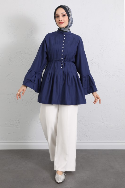 Volan Kollu Nervürlü Tunik Y0104 - İNDİGO Volan Kollu Nervürlü Tunik Y0104 - İNDİGO