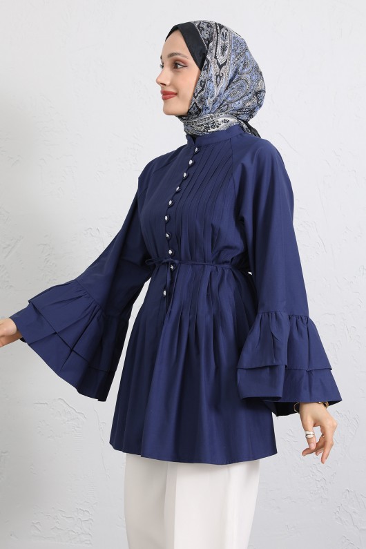 Volan Kollu Nervürlü Tunik Y0104 - İNDİGO Volan Kollu Nervürlü Tunik Y0104 - İNDİGO